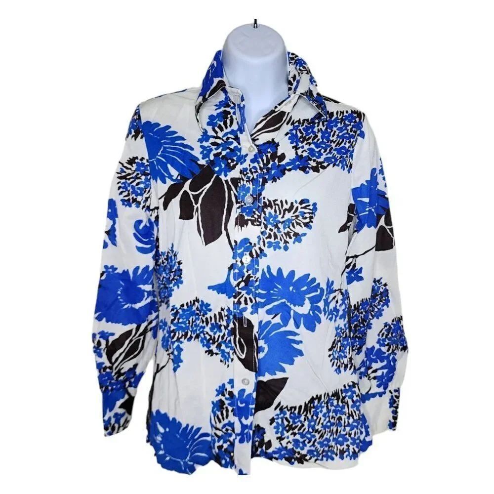 Vintage 70s Disco Shirt Blouse Womens Size M Blue White Floral Dagger Collar
